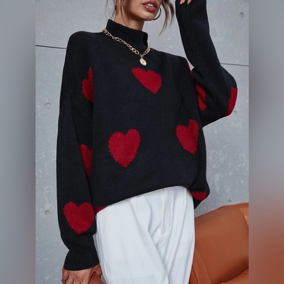 Heart Pattern Mock Neck Drop Shoulder Sweater - Picture 6 of 7